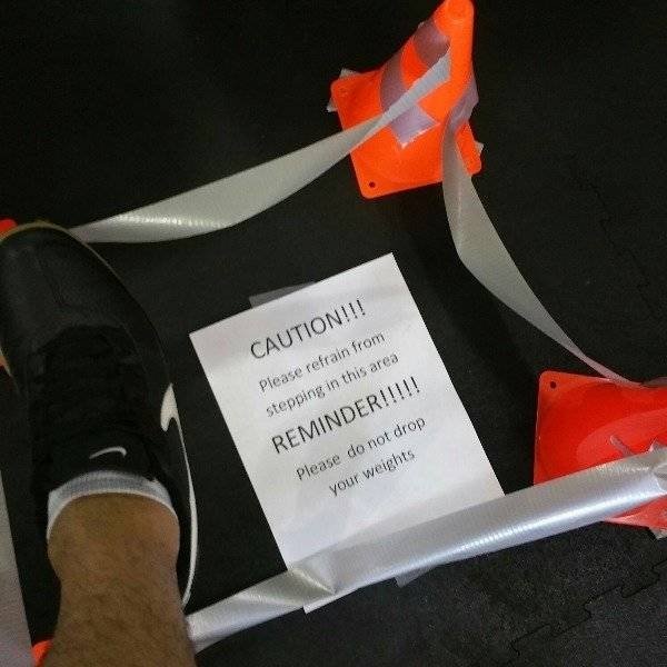 orange - Caution!!! Please refrain from stepping in this area Reminder!!!!! Please do not drop your weights
