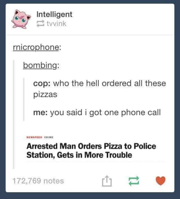 web page - Intelligent tvvink rnicrophone bombing cop who the hell ordered all these pizzas me you said i got one phone call Newsfeed Crime Arrested Man Orders Pizza to Police Station, Gets in More Trouble 172,769 notes
