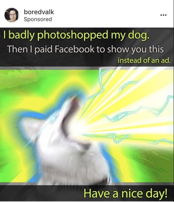 photoshopped dog on facebook - boredvalk Sponsored I badly photoshopped my dog. Then I paid Facebook to show you this instead of an ad. Have a nice day!