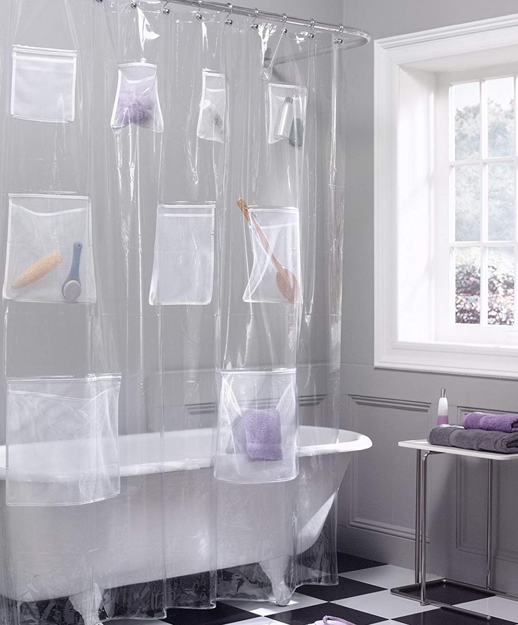 A shower curtain with pockets for your shower items.