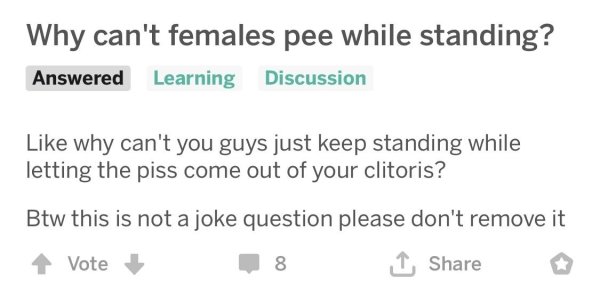 argue with a woman flowchart - Why can't females pee while standing? Answered Learning Discussion why can't you guys just keep standing while letting the piss come out of your clitoris? Btw this is not a joke question please don't remove it Vote 8