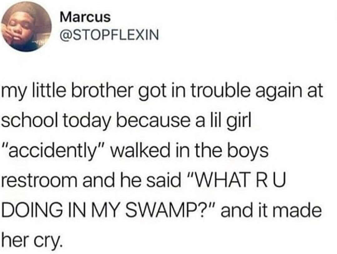 black twitter - dreaming with a broken heart - Marcus my little brother got in trouble again at school today because a lil girl "accidently" walked in the boys restroom and he said "What Ru Doing In My Swamp?" and it made her cry.