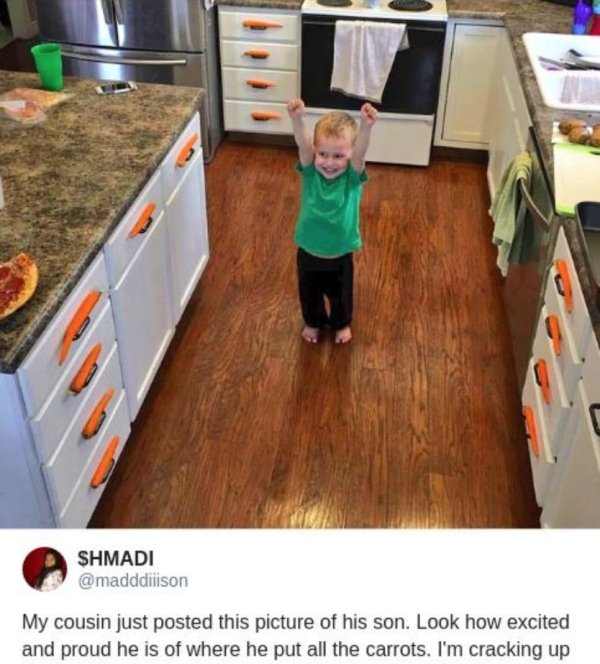 kid carrot kitchen - Shmadi My cousin just posted this picture of his son. Look how excited and proud he is of where he put all the carrots. I'm cracking up