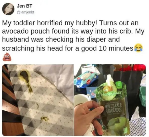 plastic - Jen Bt My toddler horrified my hubby! Turns out an avocado pouch found its way into his crib. My husband was checking his diaper and scratching his head for a good 10 minutes appUBAS Apples, Kale & Avocados