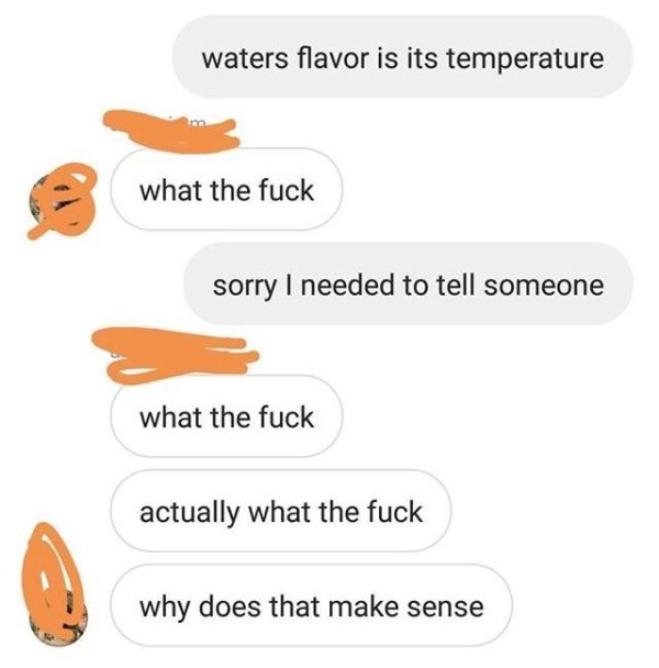 waters flavour is its temperature - waters flavor is its temperature what the fuck sorry I needed to tell someone what the fuck actually what the fuck why does that make sense