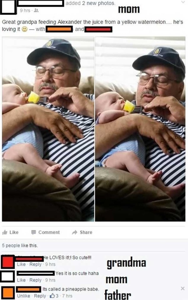 yellow watermelon funny - added 2 new photos 9 hrs.& mom Great grandpa feeding Alexander the juice from a yellow watermelon.... he's loving it with and Comment 5 people this. He Loves itt So cute!!! 9 hrs Yes it is so cute haha 9 hrs Its called a pineappl