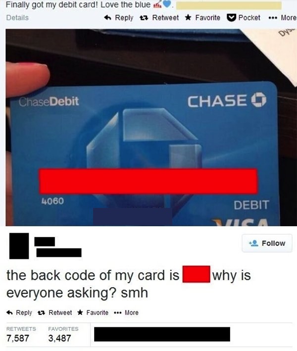 chase - Finally got my debit card! Love the blue 1 Details t7 Retweet Favorite Pocket ... More Chase Debit Chase O 4060 Debit why is the back code of my card is everyone asking? smh t7 Retweet Favorite ... More 7,587 Favorites 3,487