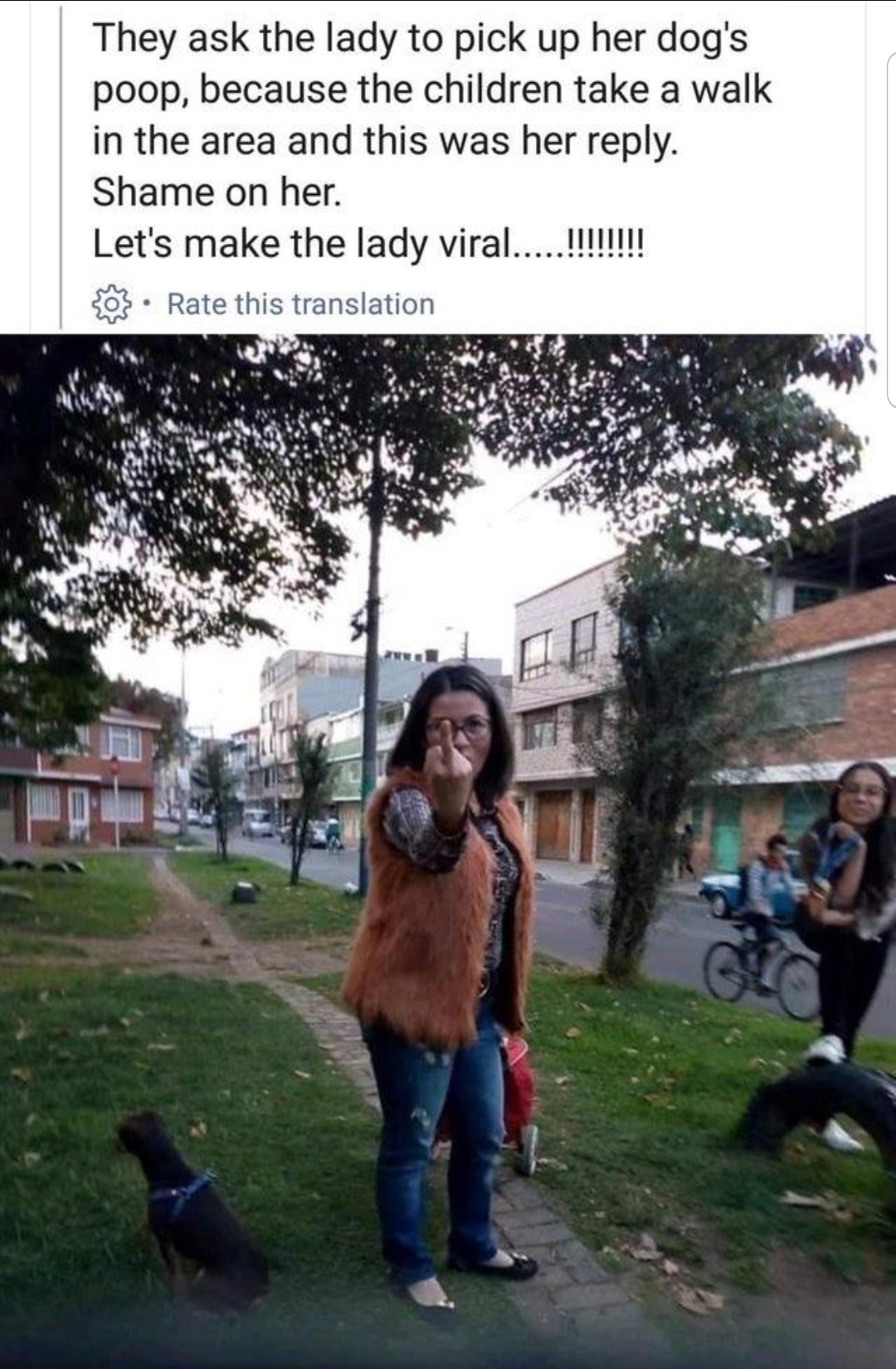 tree - They ask the lady to pick up her dog's poop, because the children take a walk in the area and this was her . Shame on her. Let's make the lady viral.....!!!!!!!! 3. Rate this translation