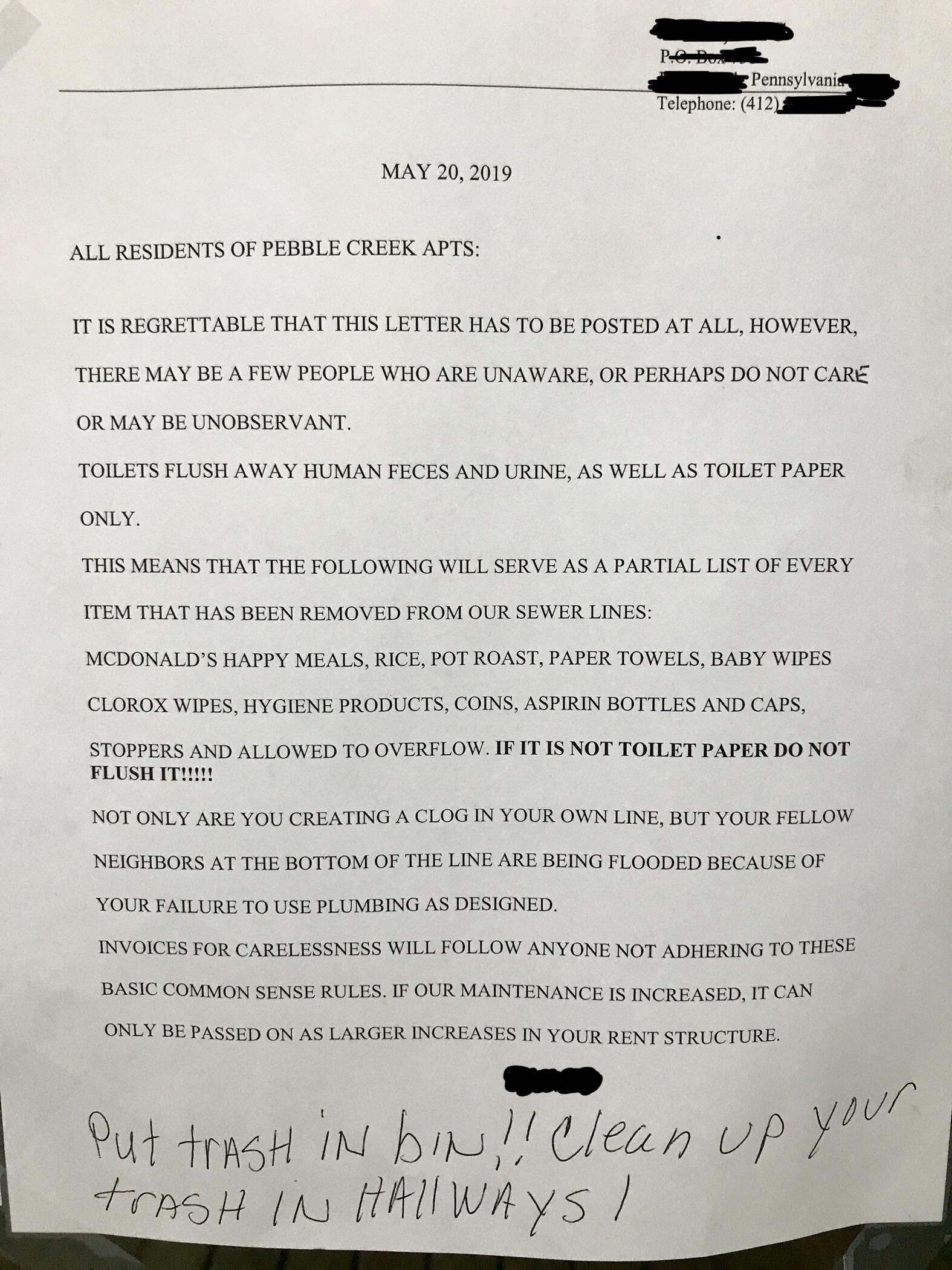 handwriting - PO.De Pennsylvania Telephone 412 All Residents Of Pebble Creek Apts It Is Regrettable That This Letter Has To Be Posted At All, However, There May Be A Few People Who Are Unaware, Or Perhaps Do Not Care Or May Be Unobservant. Toilets Flush A
