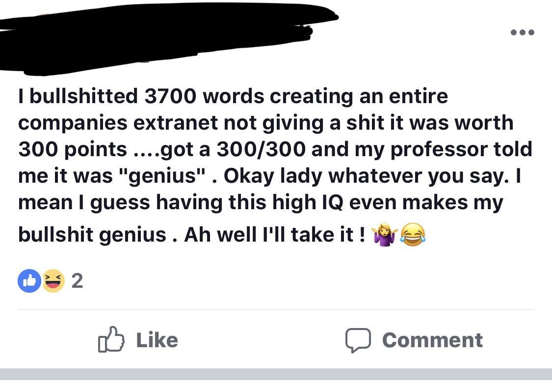 online liars- document - I bullshitted 3700 words creating an entire companies extranet not giving a shit it was worth 300 points ....got a 300300 and my professor told me it was "genius". Okay lady whatever you say. I mean I guess having this high Iq eve