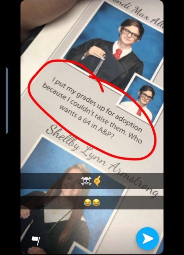 screenshot - ndi Max Am I put my grades up for adoption because I couldn't raise them. Who wants a 64 in A&P? Shellby Lynn Amstrong