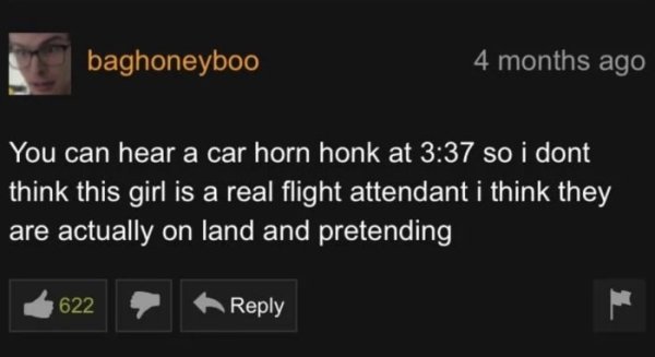 pornhub comment section template - baghoneyboo 4 months ago You can hear a car horn honk at so i dont think this girl is a real flight attendant i think they are actually on land and pretending, 622