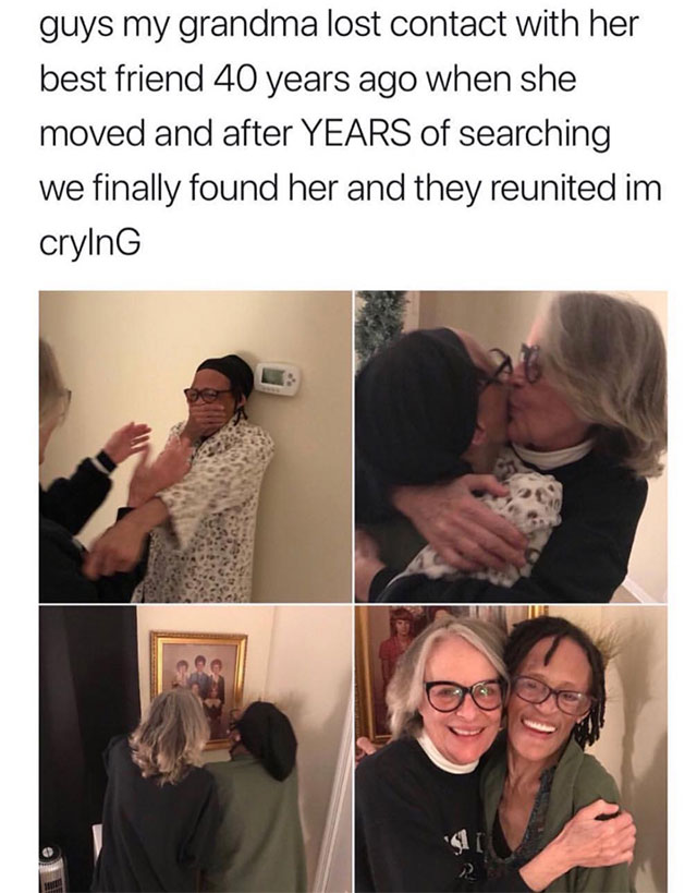 shoulder - guys my grandma lost contact with her best friend 40 years ago when she moved and after Years of searching we finally found her and they reunited im crylnG
