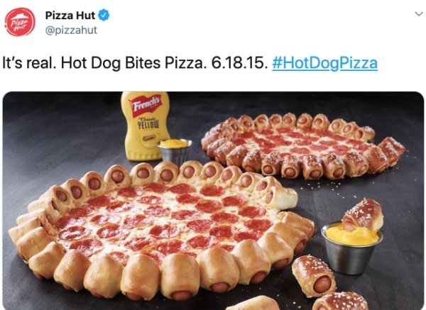 pizza hut pigs in a blanket crust - Pizza Hut It's real. Hot Dog Bites Pizza. 6.18.15. Pizza French Yellow