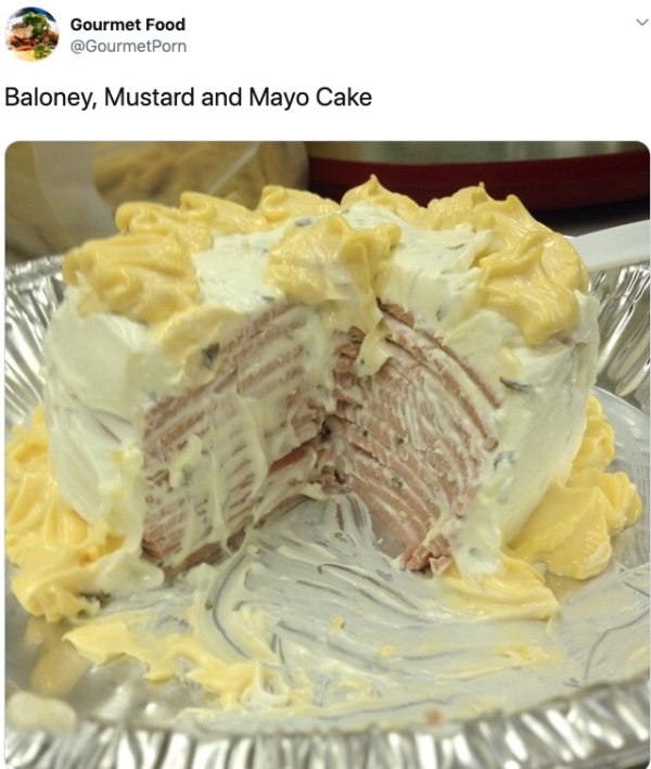 bologna cake with mayo and mustard - Gourmet Food Baloney, Mustard and Mayo Cake Down