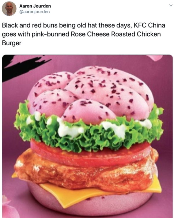 kfc pink burger - Aaron Jourden Black and red buns being old hat these days, Kfc China goes with pinkbunned Rose Cheese Roasted Chicken Burger