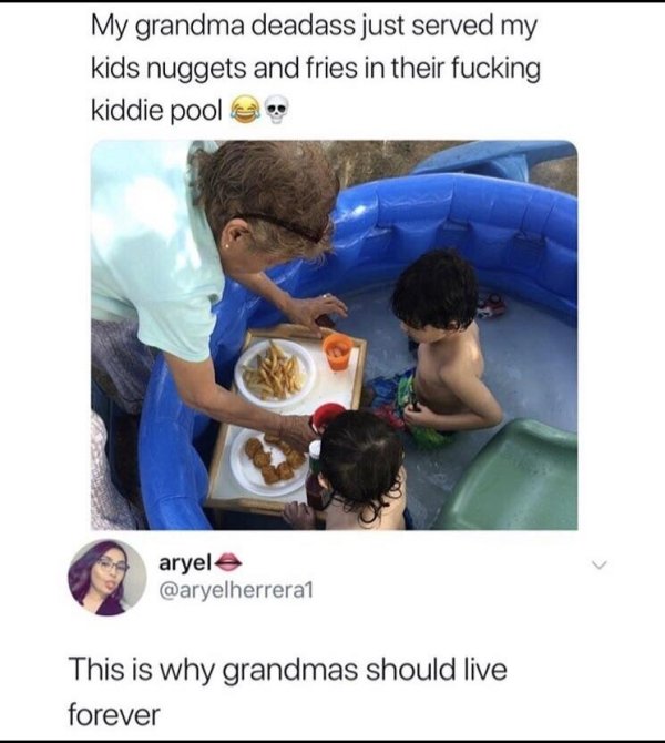 Meme - My grandma deadass just served my kids nuggets and fries in their fucking kiddie poole aryel A This is why grandmas should live forever
