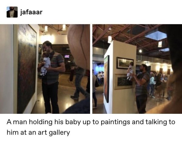 Art - jafaaar A man holding his baby up to paintings and talking to him at an art gallery