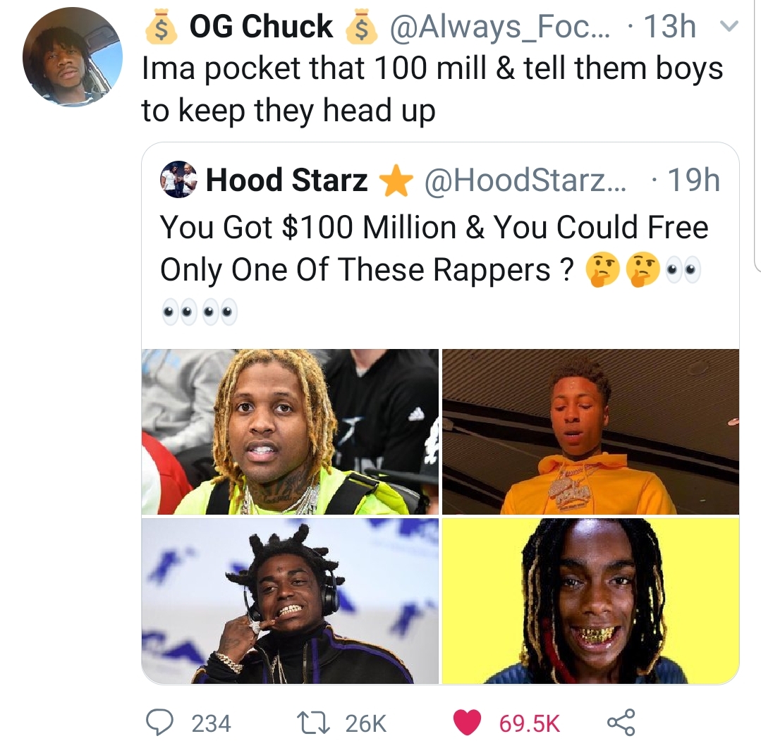 Kodak Black - Og Chuck $ ... 13h Ima pocket that 100 mill & tell them boys to keep they head up Hood Starz ... 19h You Got $100 Million & You Could Free Only One Of These Rappers ? .. 234