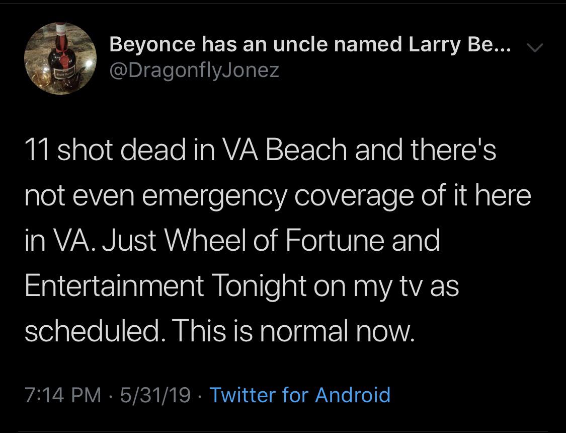 characteristics of a happy family - Beyonce has an uncle named Larry Be... V 11 shot dead in Va Beach and there's not even emergency coverage of it here in Va. Just Wheel of Fortune and Entertainment Tonight on my tv as scheduled. This is normal now. 5311