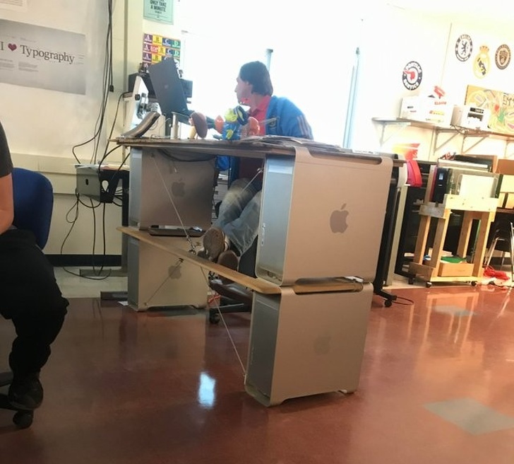 He needed a desk but only had old Apple computers.