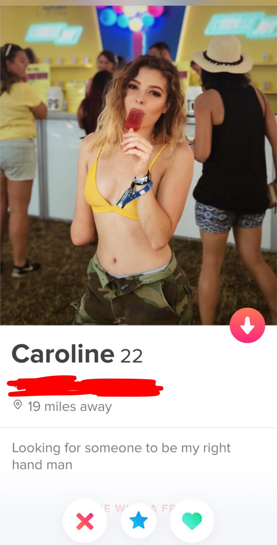 tinder - shoulder - Caroline 22 19 miles away Looking for someone to be my right hand man Ewed