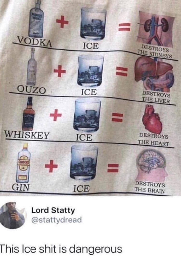 ice shit is dangerous - Vodka Ice Destroys The Kidneys Ouzo Ice Destroys The Liver Whiskey Ice Destroys The Heart Ice Destroys The Brain Lord Statty This Ice shit is dangerous