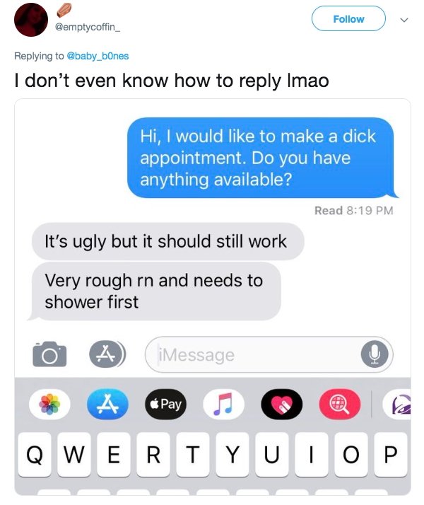 vsco things to put - I don't even know how to Imao Hi, I would to make a dick appointment. Do you have anything available? Read It's ugly but it should still work Very rough rn and needs to shower first iMessage Pay Qwertyuiop