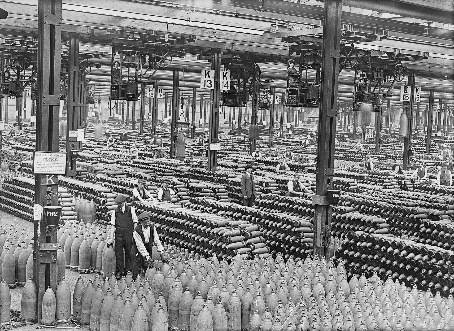 Stacks of shells in the National Shell Filling Factory in Chilwell, UK, 1917.