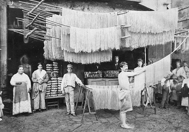 Pasta shop with drying racks, Palermo, Italy, 1865.