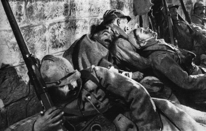 Exhausted French troops rest inside Fort Vaux during the Battle of Verdun 1916.