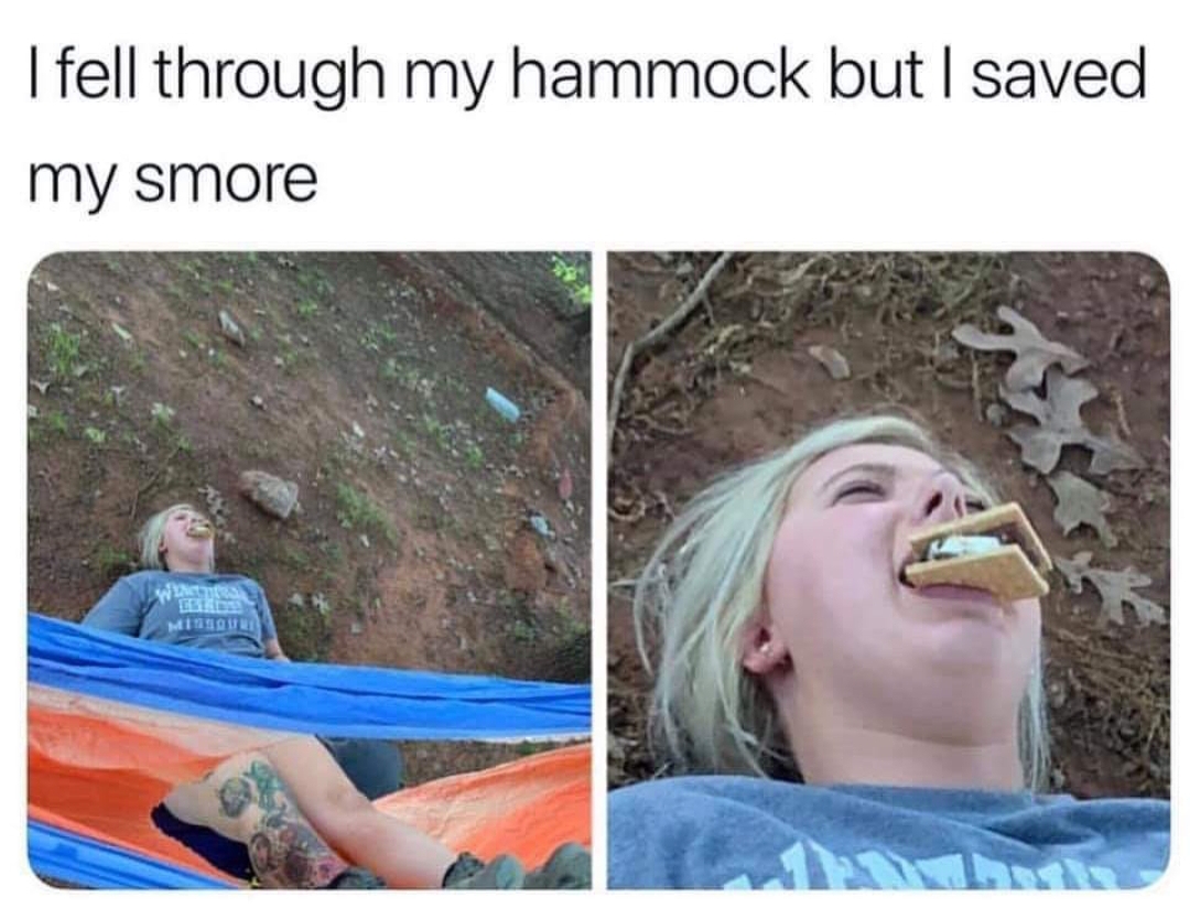 Meme - I fell through my hammock but I saved my smore