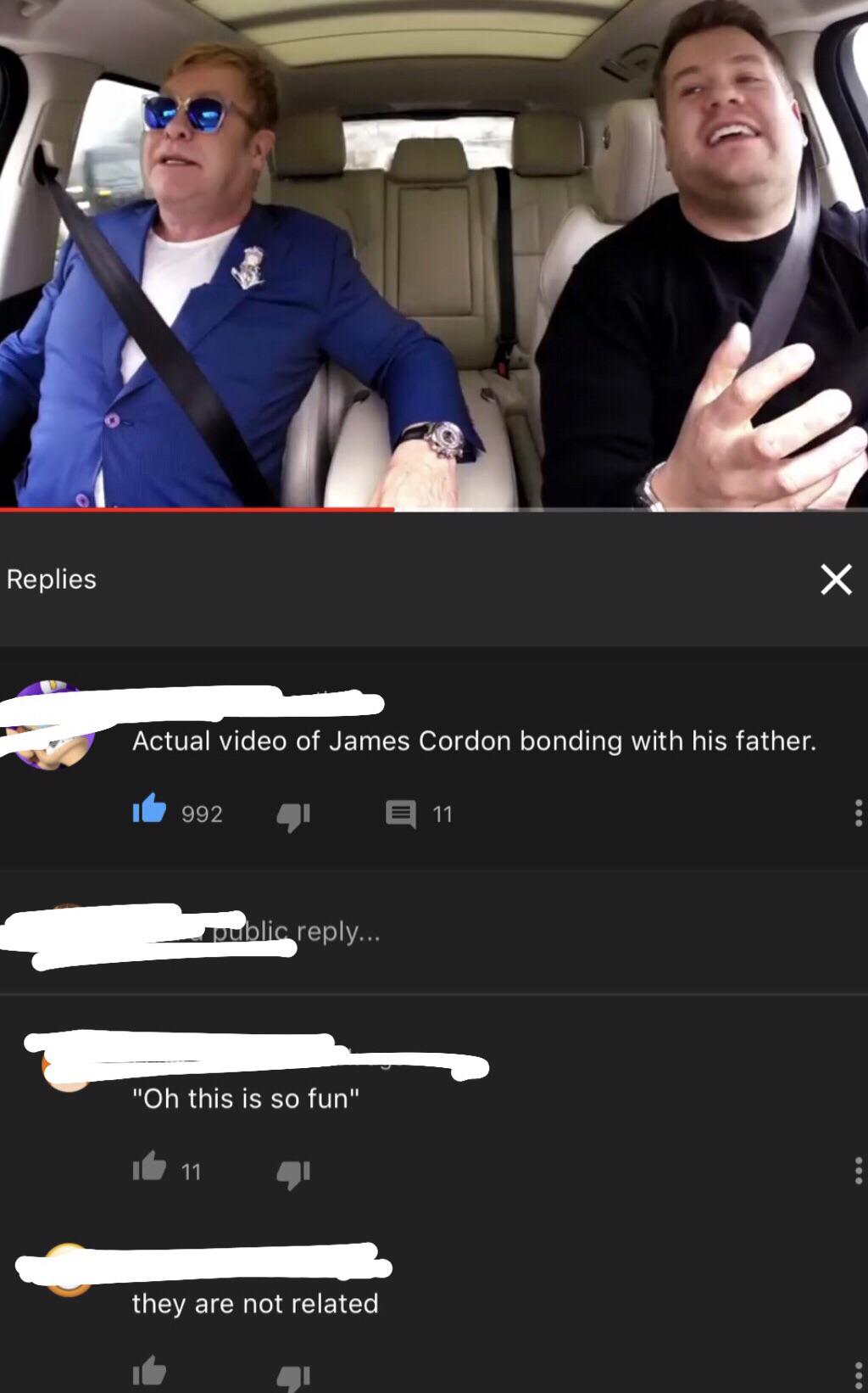 screenshot - Replies Actual video of James Cordon bonding with his father. it 992 41 211 public ... "Oh this is so fun" ib 11 1 they are not related