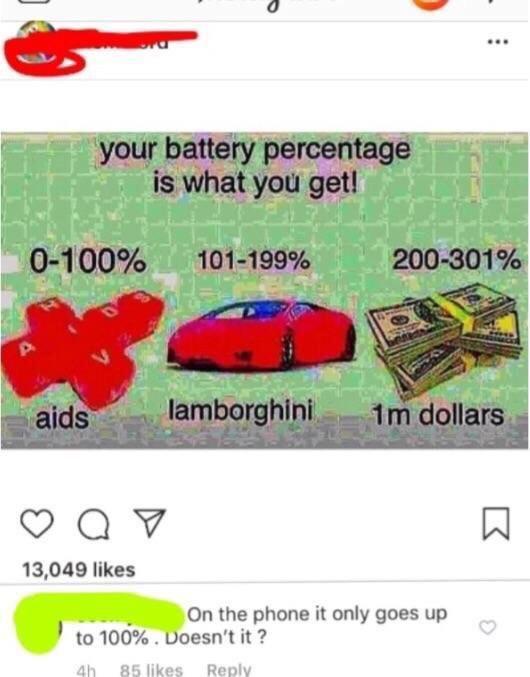 plastic - your battery percentage is what you get! 0100% 101199% 200301% aids l amborghini 1m dollars Q 13,049 On the phone it only goes up to 100%. Doesn't it? 4h 85