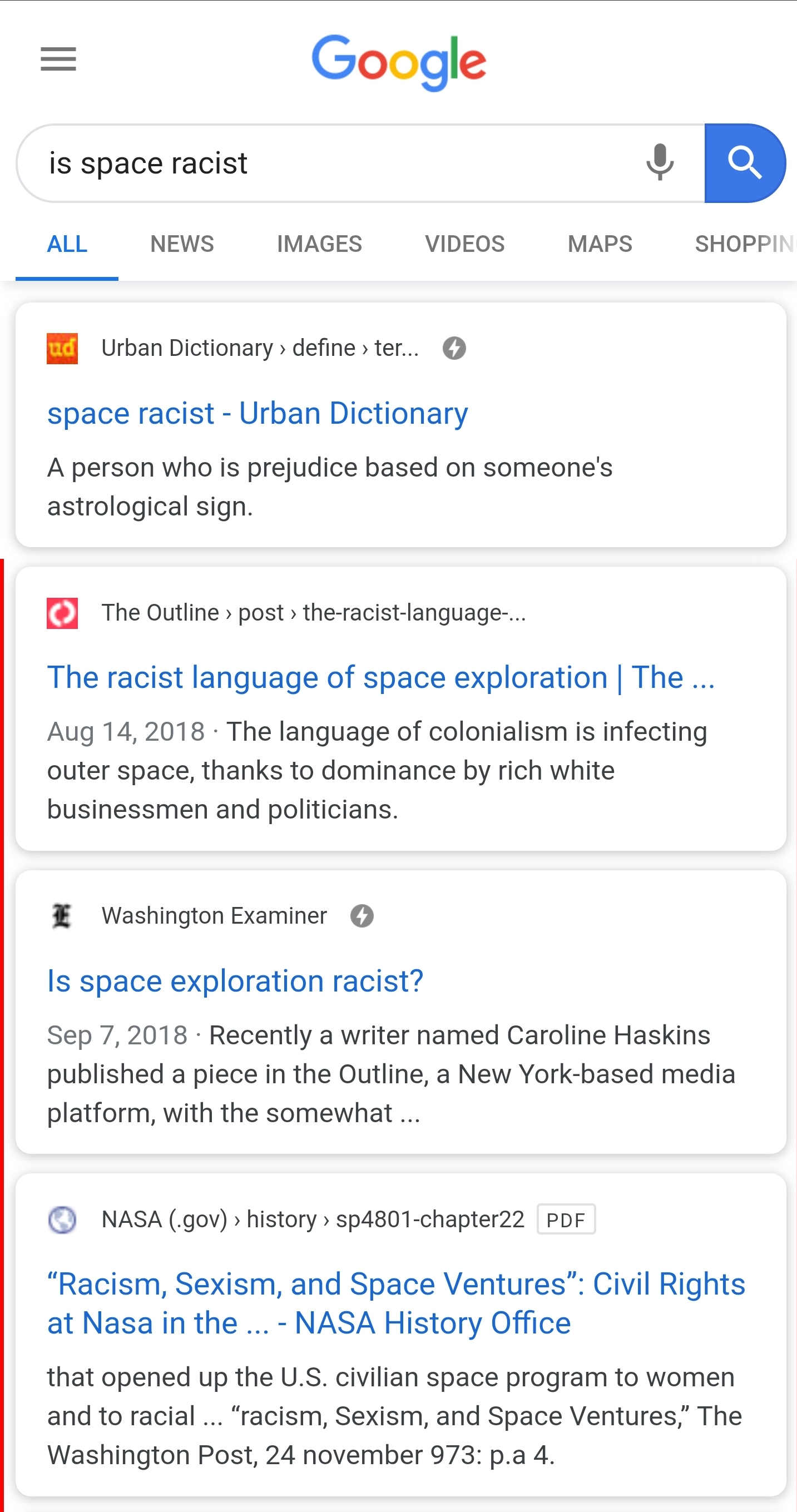 web page - Google is space racist a All News Images Videos Maps Shoppe ad Urban Dictionary define ter. O space racist Urban Dictionary A person who is prejudice based on someone's astrological sign The Outline post the racistlanguage.... The racist langua