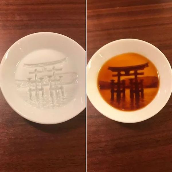 A shrine appears when sauce is poured into this dish.