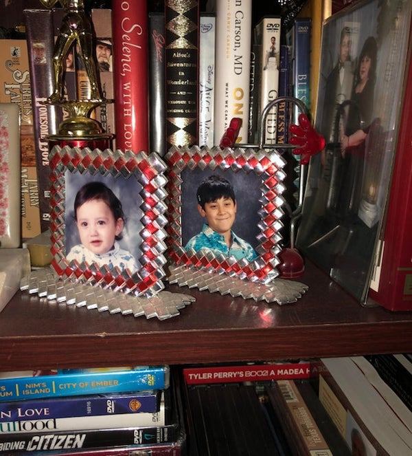 Two picture frames made out of chip bags.