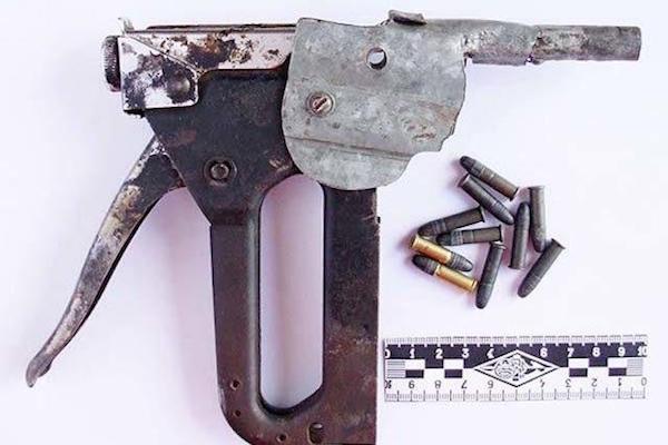 A gun made from an old stapler that fires .22 rounds.