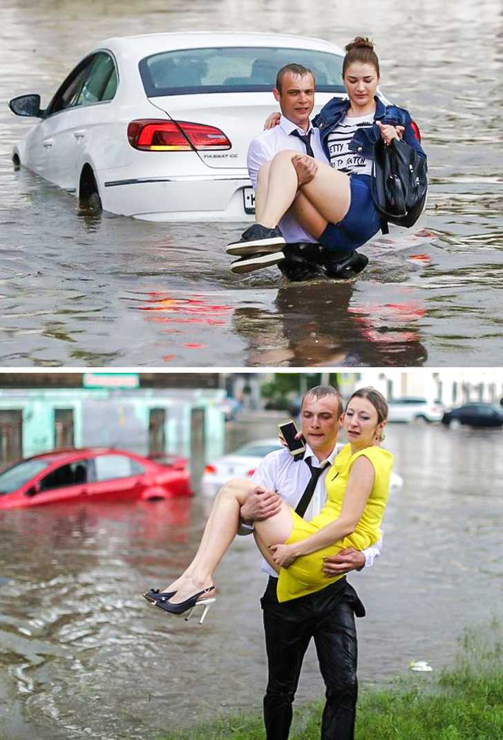 Guy helped women get out of their cars during a flood.