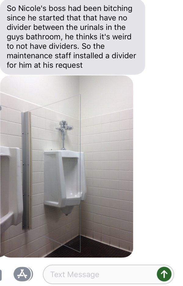 bathroom accessory - So Nicole's boss had been bitching since he started that that have no divider between the urinals in the guys bathroom, he thinks it's weird to not have dividers. So the maintenance staff installed a divider for him at his request Tex