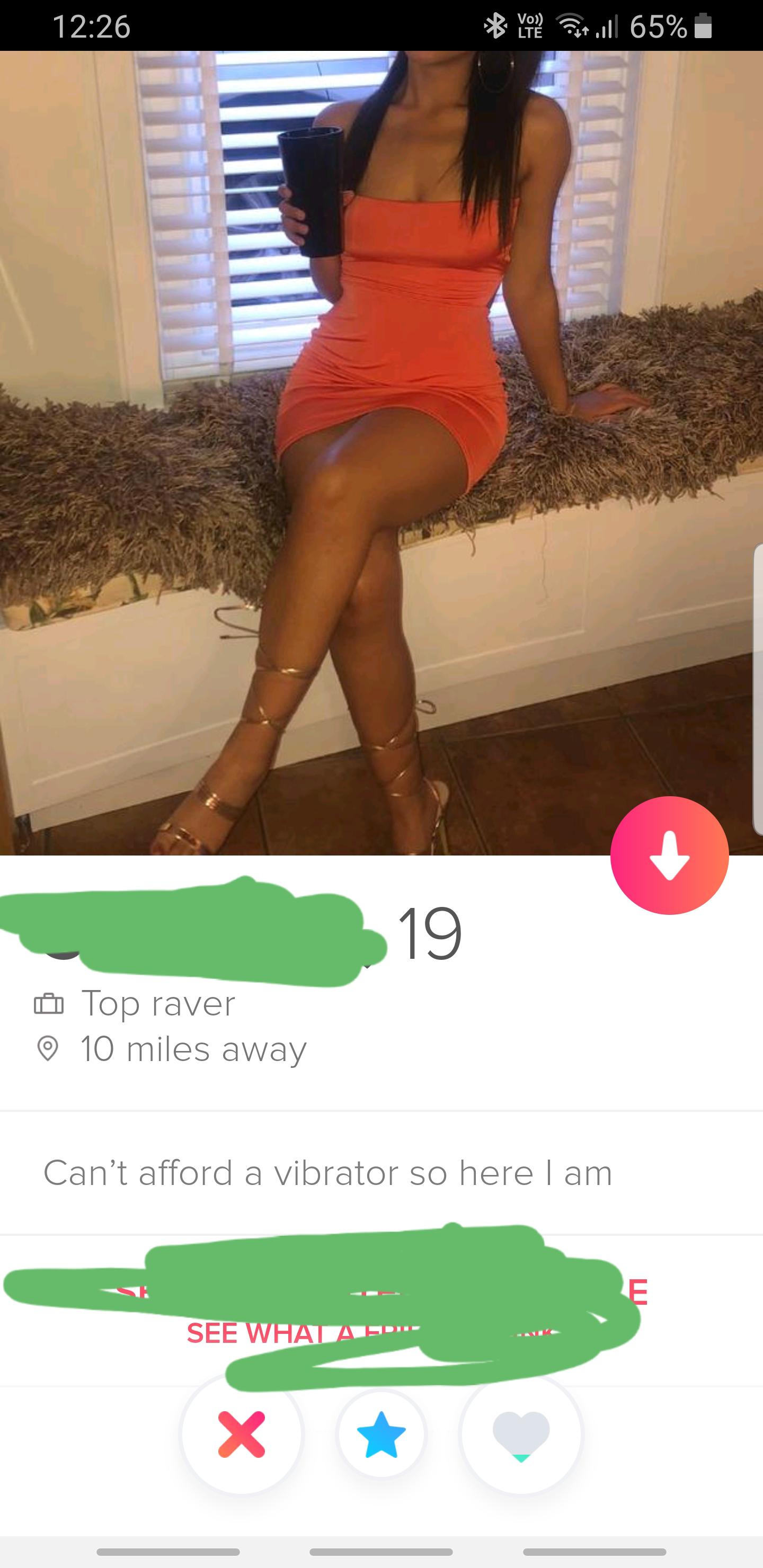tinder - thigh - You Put ull 65% Top raver 10 miles away Can't afford a vibrator so here I am See Whata Sd X