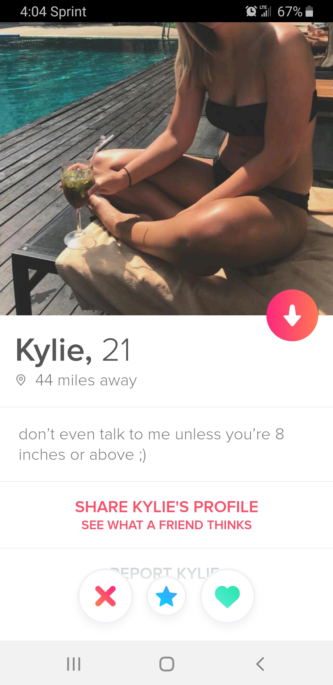 tinder - bikini - Sprint @ 67% Kylie, 21 44 miles away don't even talk to me unless you're 8 inches or above Kylie'S Profile See What A Friend Thinks Sport Kylt