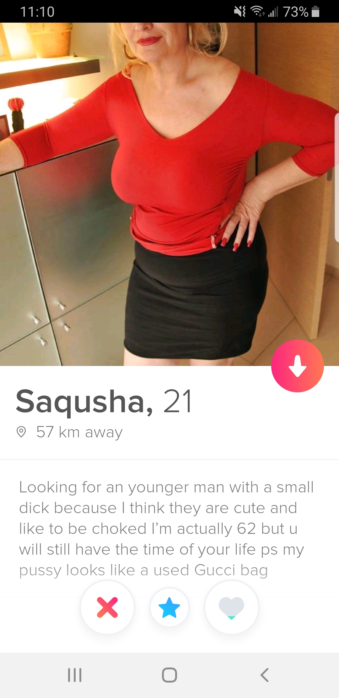 tinder - shoulder - 73% Saqusha, 21 57 km away Looking for an younger man with a small dick because I think they are cute and to be choked I'm actually 62 butu will still have the time of your life ps my pussy looks a used Gucci bag X