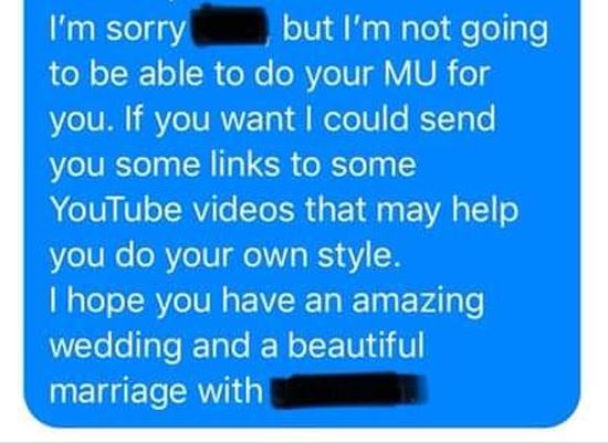 number - I'm sorry but I'm not going to be able to do your Mu for you. If you want I could send you some links to some YouTube videos that may help you do your own style. I hope you have an amazing wedding and a beautiful marriage with