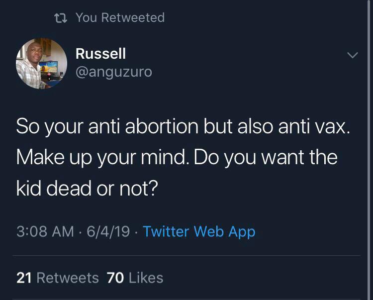 tweets about hurting - 22 You Retweeted Russell So your anti abortion but also anti vax. Make up your mind. Do you want the kid dead or not? 6419 Twitter Web App 21 70