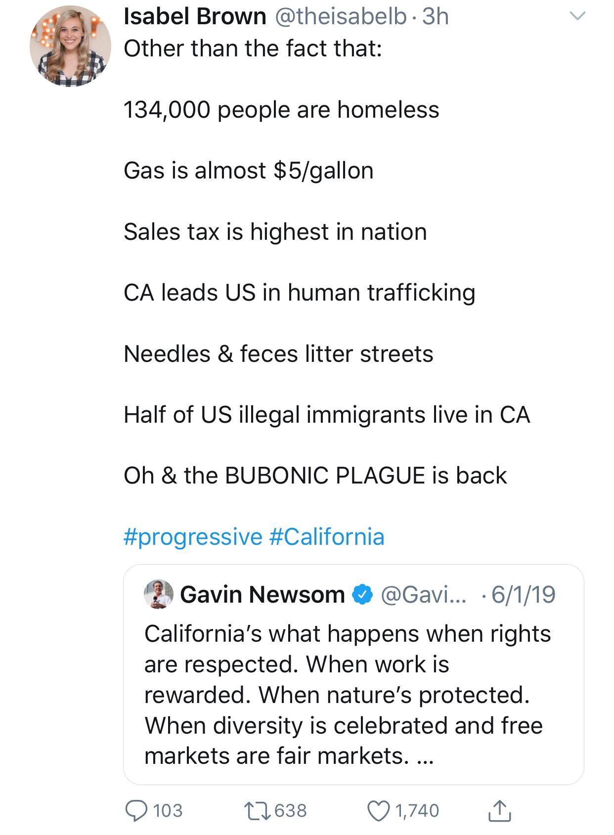 document - Isabel Brown . 3h Other than the fact that 134,000 people are homeless Gas is almost $5gallon Sales tax is highest in nation Ca leads Us in human trafficking Needles & feces litter streets Half of Us illegal immigrants live in Ca Oh & the Bubon