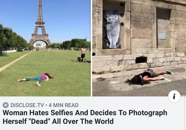 eiffel tower - Disclose.Tv 4 Min Read Woman Hates Selfies And Decides To Photograph Herself "Dead" All Over The World