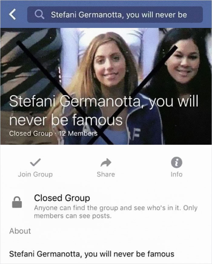 lady gaga facebook group - Stefani Germanotta, you will never be Stefani Germanotta, you will never be famous Closed Group. 12 Members Join Group Info Closed Group Anyone can find the group and see who's in it. Only members can see posts. About Stefani Ge