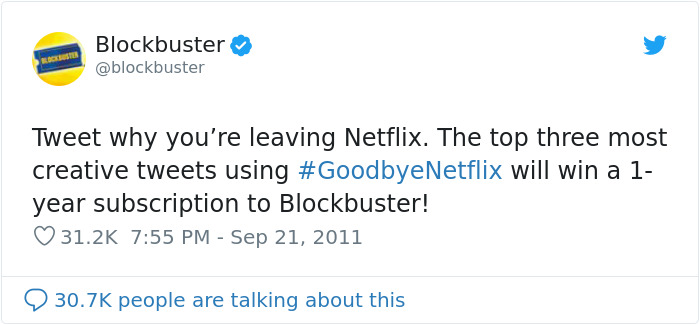 document - Blockbuster Tweet why you're leaving Netflix. The top three most creative tweets using will win a 1 year subscription to Blockbuster! people are talking about this
