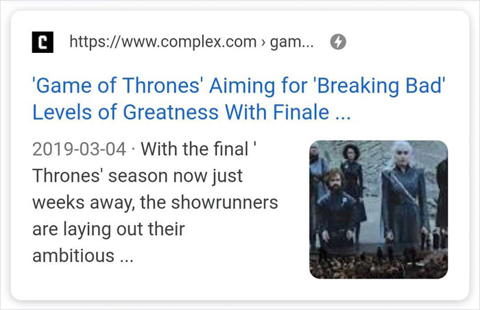 communication - C > gam... 'Game of Thrones' Aiming for 'Breaking Bad' Levels of Greatness With Finale ... . With the final' Thrones' season now just weeks away, the showrunners are laying out their ambitious ...